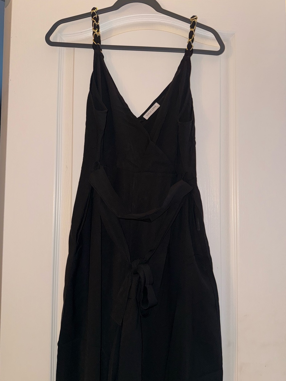 Black Wide-Leg Jumpsuit w/ Gold Chain Straps & Pockets | Size L